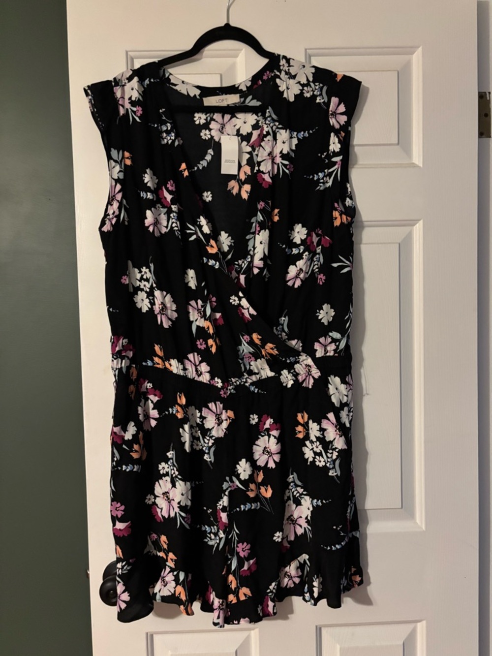 LOFT Black Floral Romper with Pink & Peach Blooms